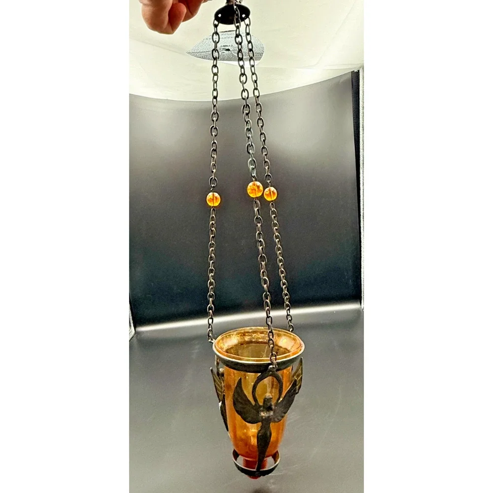 Hanging Metal Art Deco Sanctuary Vigil Lamp Candle Holder Amber Glass Wing Angel